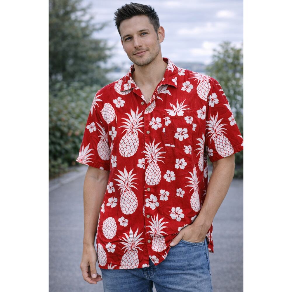 Uzzi Amphibious Gear Red Pineapple Hawaiian Shirt Men’s L Rayon Aloha‎